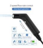 Safarex bidet sprayer nozzle showing 2-speed flow control, one-touch operation and use-case icons