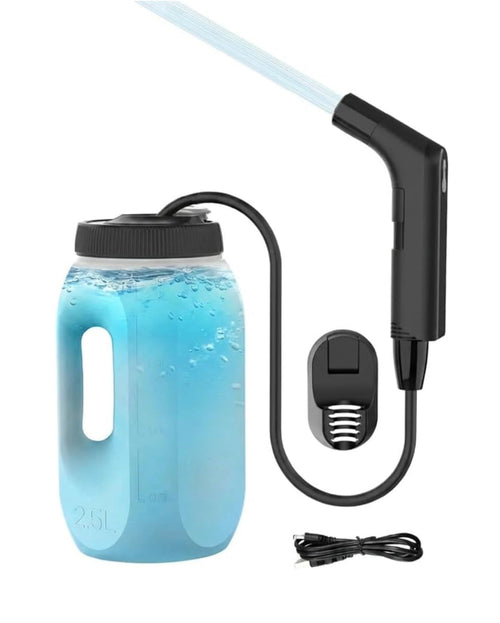Safarex 2.5L handheld bidet sprayer with blue water tank, black spray nozzle and USB charging cable